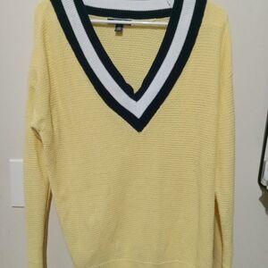 Chaps Yellow V-Neck Sweater with Black and White Trim